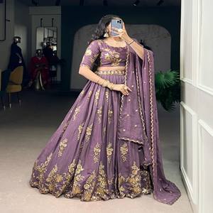 VASTRA COTTAGE Lehenga Choli pour femmes en broderie de sequins et de fils de couleur chocolat, Lehenga cousu avec cordon de serrage et dupatta - Product Image 1