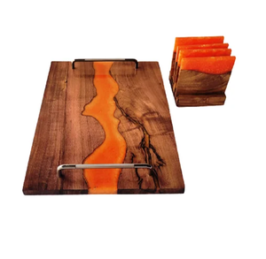 Plateau de petit-déjeuner en bois et résine, plateau de service pour café et thé, poignée en acier inoxydable, prix abordable - Product Image 4