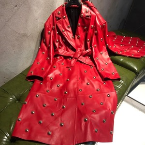 Rivet Long Cuir Toile Imperméable Vers Le Bas Manteau Rouge Mode Hommes Nouveau Design Automne Surdimensionné - Product Image 5