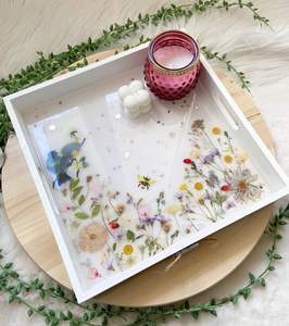 Plateau de service carré en bois de résine, fleurs séchées, vaisselle de cuisine, organisateur de rangement, plateau à café, thé, petit-déjeuner pour la maison - Product Image 1