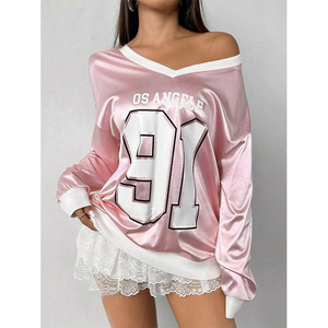 Sweat-shirt oversize à col en V imprimé en satin personnalisé, sweat-shirt décontracté à manches longues imprimé pour femmes, sweat-shirt à capuche pour femmes - Product Image 2