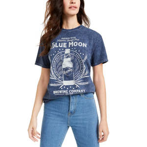 T-shirt da donna in cotone blu stile vintage autentico, taglia XS, con grafica a luna, colletto con fiocco e logo decorativo, in tessuto jersey traspirante - Product Image 1