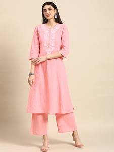 Mujeres étnicas Chikankari puro algodón A-Line Kurta con Palazzos indio pakistaní salwaar kameez traje - Product Image 4