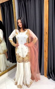 Vestido étnico indio paquistaní de tela Georgette de imitación pesada moderna de diseñador-Traje Sharara para adultos y Palazzo Dupatta Precio bajo - Product Image 2