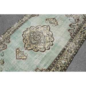 Alfombra turca Vintage de 5,6x9,1 pies, verde, Beige, tejido plano, patrón de retazos de lana para decoración para sala de estar, uso de pasillo, respaldo de látex - Product Image 5