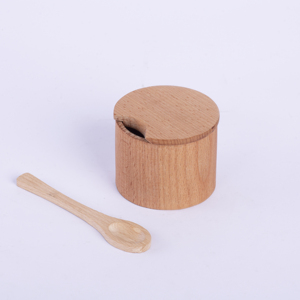 Tarro grande de madera de haya de 10 cm para especias con cuchara integrada - Salero y azucarero de madera maciza natural, recipiente ecológico para cocina - Product Image 2