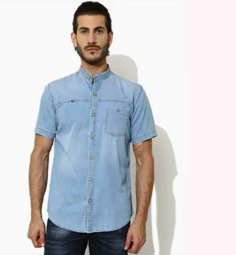 カスタムロゴ工場製卸売快適な綿100% 半袖カジュアルメンズチェック柄デニムシャツ