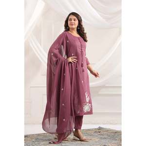 Ensemble Kurta en Chiffon Brodé en Coton pour Femme, Manches 3/4, Tenue Ethnique, Kurti de Créateur avec Dupatta, Tenue Décontractée Festive - Product Image 3