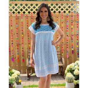 Vestido Casual de Verano para Mujer, Bordado, con Mangas Cortas y Ribete de Encaje, de Algodón - Product Image 1