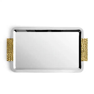 Bandeja rectangular de metal plateado para servir comida para el hogar y la boda, bandeja para servir aperitivos y bebidas de mesa con asa - Product Image 6