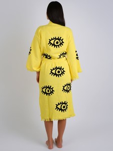 Cárdigan de gran tamaño para mujer Kimono bordado hecho a mano patrón de ojos amarillo manga larga Boho Festival estilo Midi para mujer - Product Image 2