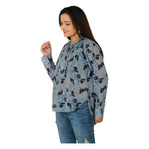 Chemisier d'été décontracté en coton imprimé pour femme, à manches longues, boutonné, tissé, fait main, style bohème hippie, avec plis froncés - Product Image 3