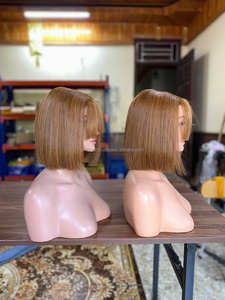 Peluca de cabello corto marrón teñido medio para mujer, peluca Bob resaltada con flequillo para mujer, pelucas de cabello natural Bob - Product Image 5