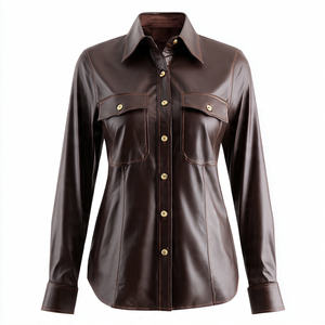 เสื้อเชิ้ตหนัง PU แฟชั่นโอเวอร์ไซส์สำหรับผู้หญิงเสื้อหนังมีกระเป๋าหน้าอกเปิดลงปกเสื้อ - Product Image 2