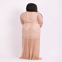 Robe longue élégante en sequins rose blush pour femmes |   Robe de soirée grande taille à col en V et manches longues pour réception de mariage