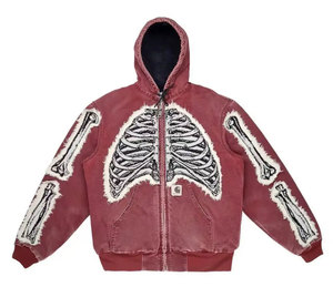 Custom Drop Shoulder Heavyweight Skeleton Hoodie 100% algodón Zip up Rhinestone Hoodie Vintage Acid Wash Hoodie Hombres - Product Image 6