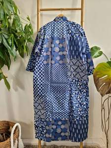 Kimono de spa de maternidad de algodón puro azul índigo hasta el suelo bata de casa cómoda cubierta de playa para nueva mamá papá patchwork blanco - Product Image 5