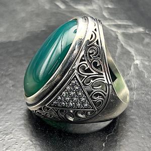 Men's Vintage Style Statement <b>Ring</b> Handmade Silver Green Agate Oval Aqeeq Gemstone Eye Shape Pattern Inlay Unique Boho Jewel for - Product Image 4