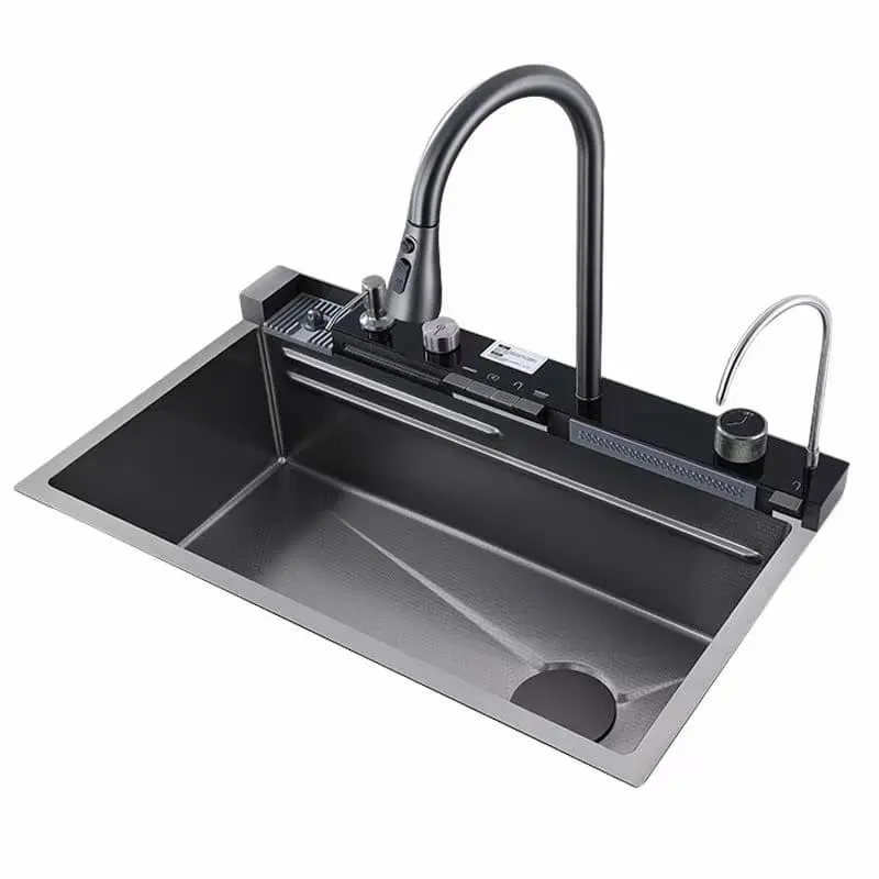 Easy to clean stainless steel sink in kitchen, with multiple sizes available for console control switch