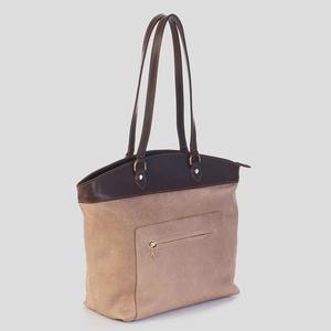 Sac à main en cuir véritable pour femme, style vintage, bicolore, sac à main à bandoulière, marron clair, grand, fermeture éclair, résistant à l'eau - Product Image 1
