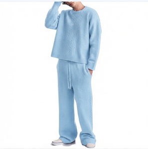 Men's Green <b>Wool</b> Knitted Flare Tracksuit Set Long Sleeve Solid Color Loose Fit Winter Casual <b>Pants</b> With Drawstring Side Pocket - Product Image 3