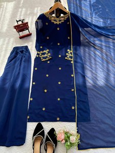 Conjunto Sharara elegante para mujer, ropa étnica elegante, tela premium de georgette sintética, top bordado con pantalón palazzo y dupatta a juego. - Product Image 6