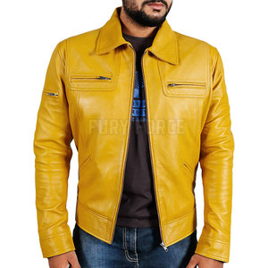 Blouson de baseball en similicuir de haute qualité pour homme avec bordure côtelée rayée pour l'hiver avec logo sur le devant - Product Image 3