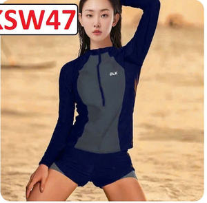 Ensemble de maillot de bain deux pièces pour femme, noir et bleu uni, coupe intégrale, en nylon-spandex imperméable, anti-UV, séchage rapide, avec imprimé frontal - Product Image 3