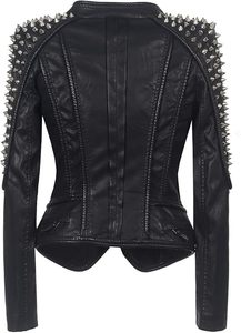Chaqueta de Motociclista Punk con Remaches para Mujer, Chaqueta de Cuero Sintético con Cremallera Asimétrica y Tachuelas - Product Image 2