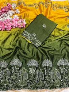 Indian Boutique Designer Vêtements de mariage traditionnels Chinon Green Saree Fantaisie Beau travail de broderie avec un design d'oiseau élégant - Product Image 2