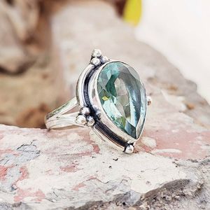 Anillo de Plata de Ley 925 con Engaste de Bisel en Forma de Pera para Mujer, con Piedra Preciosa de Aguamarina Clásica, para Bodas y Fiestas - Product Image 3