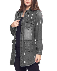 "Veste longue en jean pour femme | Manteau en jean déchiré à la mode avec poche Casual Oversized Denim OuterwearStylish Button Up Jean Jacket" - Product Image 2