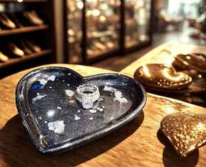 Plato de Resina Corazón Negro con Copos Plateados |   Elegante Plato Decorativo Hecho a Mano para Guardar Anillos y Joyas, y para una Decoración Estética del Hogar - Product Image 2