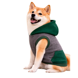 Sweat à capuche pour chien gris et vert, en polaire doux, sans manches, avec poche contrastée - Product Image 3