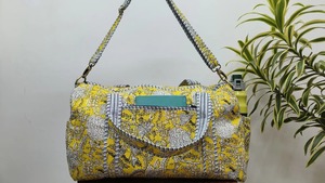 Le Souvenirs Handmade Blockprinted Quilted Cotton Duffle Bag Detachable Long <b>Belt</b> Yellow White Floral Print-Weekender Luxury - Product Image 5