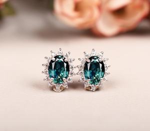 Teal Sapphire <b>Sterling</b> <b>Silver</b> <b>Stud</b> Earrings Oval Halo Design Elegant Gemstone Jewelry - Product Image 1
