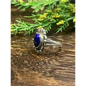 Freda Martinez <b>Statement</b> <b>Ring</b> with Lapis Gemstone & Sterling <b>Silver</b> Emerald Cut Rhodium Plated Size 7 Everyday Wear - Product Image 3