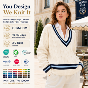 Custom <strong>Women</strong> Cable Knit Cotton <strong>Cricket</strong> Sweater Drop Shoulder V Neck 100% Cotton Knitted <strong>Jumper</strong> Sweater <strong>Women</strong> - Product Image 1