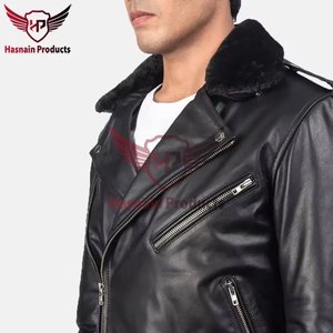 Chaqueta de Motero de Cuero Negra para Hombre con Cuello de Borrego, Piel de Cordero Genuina, Abrigo de Invierno Ajustado a la Moda - Product Image 6