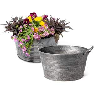 Macetas de Metal Galvanizado al por Mayor - Macetas de Flores de Jardín Estilo Shabby Chic - Juego de Cubos de Metal Gris Desgastado con Cuerda de Cáñamo - Product Image 5