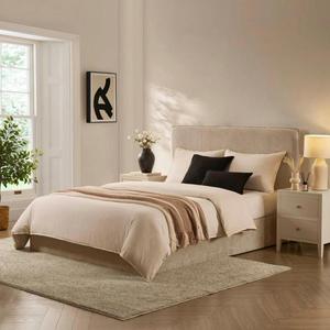Base de <span class=keywords><strong>Cama</strong></span> Moderna Tapizada en Crema con Plataforma y Forro de Felpa Teddy, Tamaño Queen, Fácil de Montar para Dormitorios Pequeños - Product Image 2