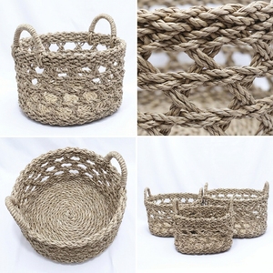 Ensemble de paniers de rangement en jonc de mer tressé à la main, avec panier ovale à treillis ouvert et poignée arche haute, pour décoration et design d'intérieur artistique - Product Image 2