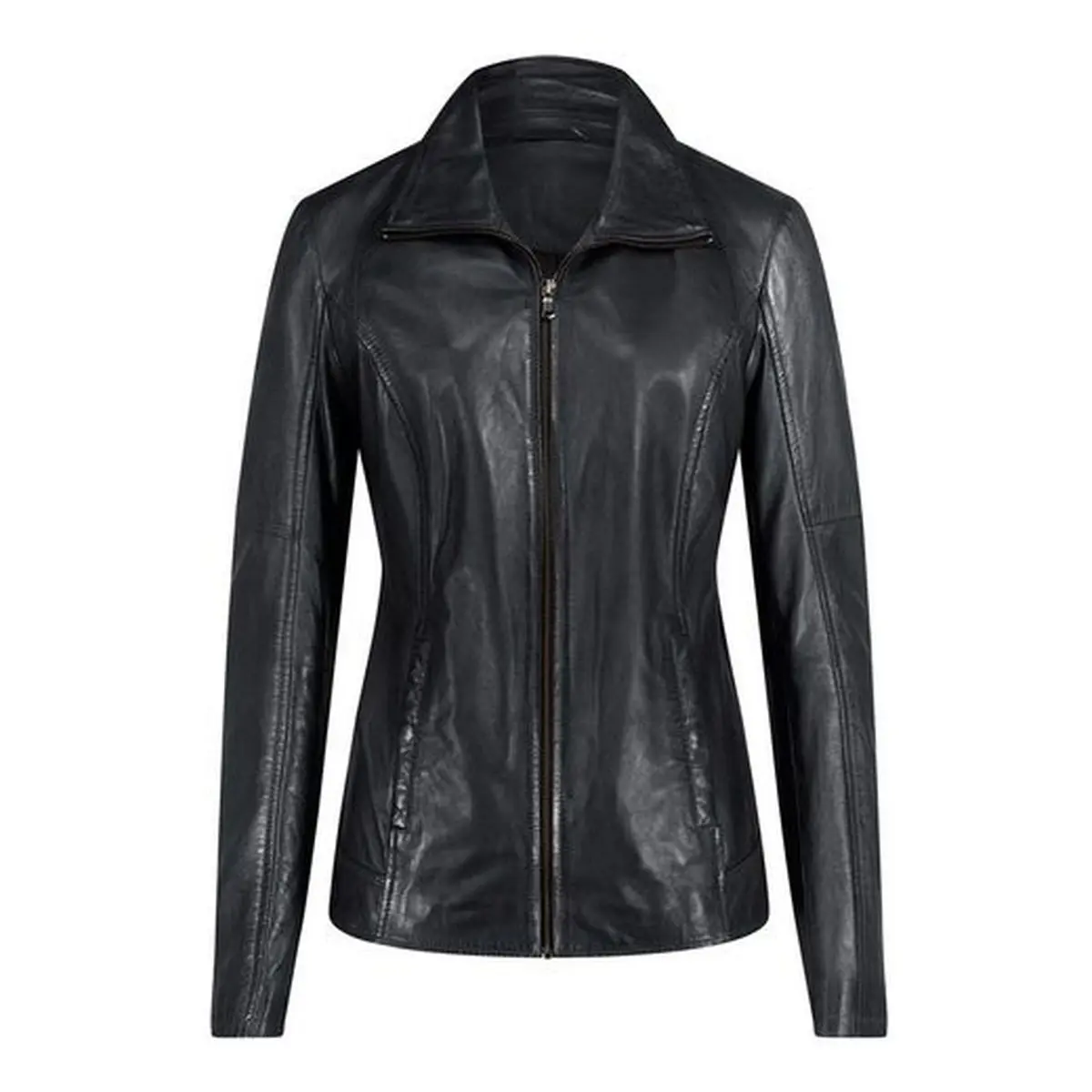 Real couro mulheres streetwear casual cor preta virar para baixo colarinho jaqueta softshell senhoras zip up encerramento jaquetas