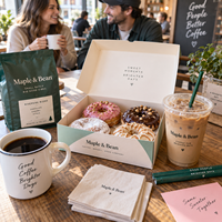 AT PACK Fournitures personnalisées pour cafés avec des sachets de café de 250 g, des gobelets en papier de 8 oz et 12 oz, des gobelets en PET de 16 oz et des emballages alimentaires