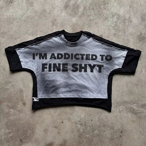 Camisetas de algodón grueso estilo streetwear, de doble capa, con bloques de color, corte cropped, lavado ácido y efecto desgastado, de corte holgado para hombre. - Product Image 1