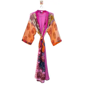 Kimono di seta indiano accappatoio indiano Vintage riciclato Sare abito premaman in seta Vintage Maxi abito estivo da donna vestito da notte