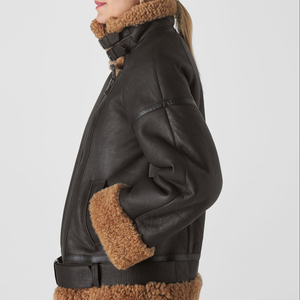 <b>Women's</b> Black Genuine Sheepskin Sherpa Shearling Winter Warm Fashion Regular Fit Leather <b>Jacket</b> V-neck Collar Customized Size - Product Image 4