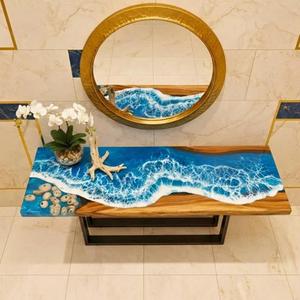 Table de salon en époxy artisanale avec des vagues bleues de l'océan, console en époxy rivière, meubles élégants et luxueux - Product Image 1