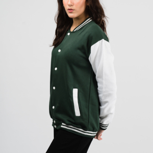 Veste universitaire pour femmes de qualité supérieure, couleur verte tendance, taille plus, logo personnalisé, laine d'hiver, teinture unie, nylon écologique, coupe-vent - Product Image 3