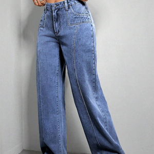 Pantalons en jean à jambes larges personnalisés en gros pour femmes, taille haute, jambe droite, évasés, décontractés - Product Image 3